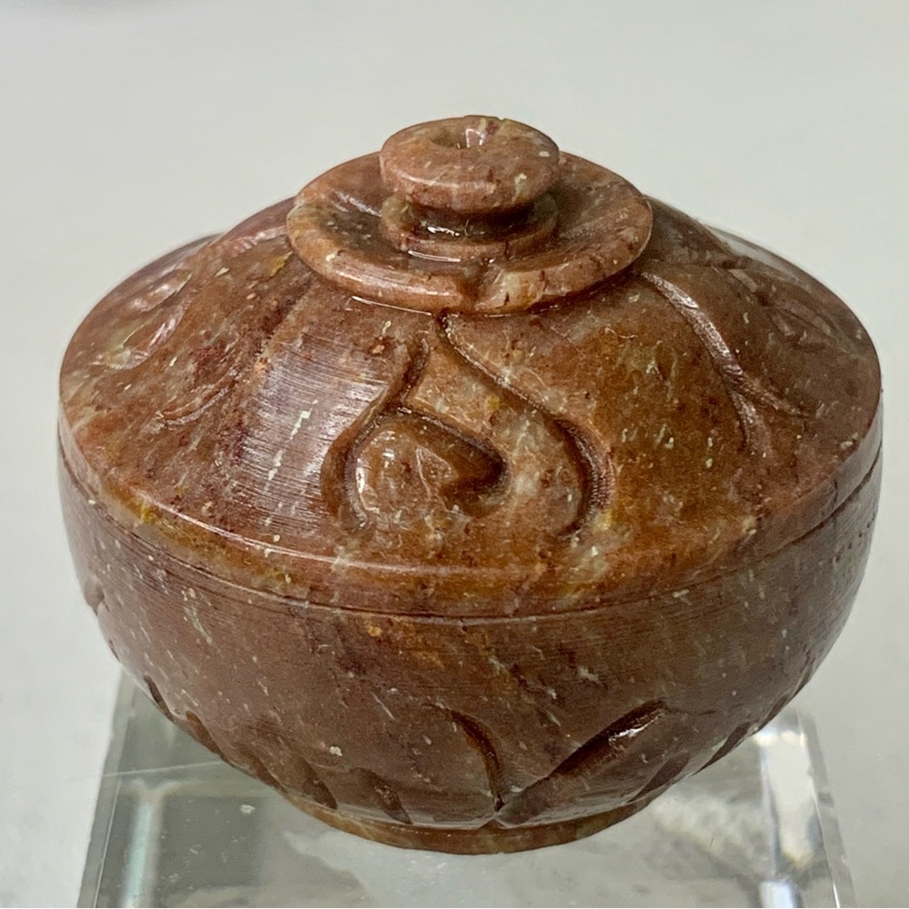 Brown Soapstone Hand Carved Lidded Trinket Box Miniature Round Dome Lid 1.6" VTG - Picture 13 of 16